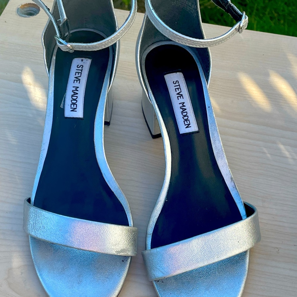 Silver Steve Madden around ankle strap low heal slightly worn only twice